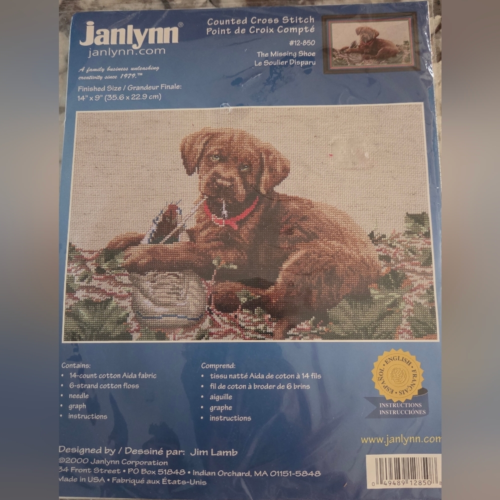 Vintage Cross Stitch Kit MISSING SHOE Chocolate Lab Labrador Dog Puppy NEW